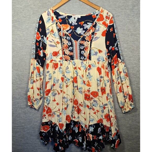 Patrons Of Peace Peasant Tunic Dress Small Boho Swing Ruffle Asymmetrical Hem - Picture 1 of 13